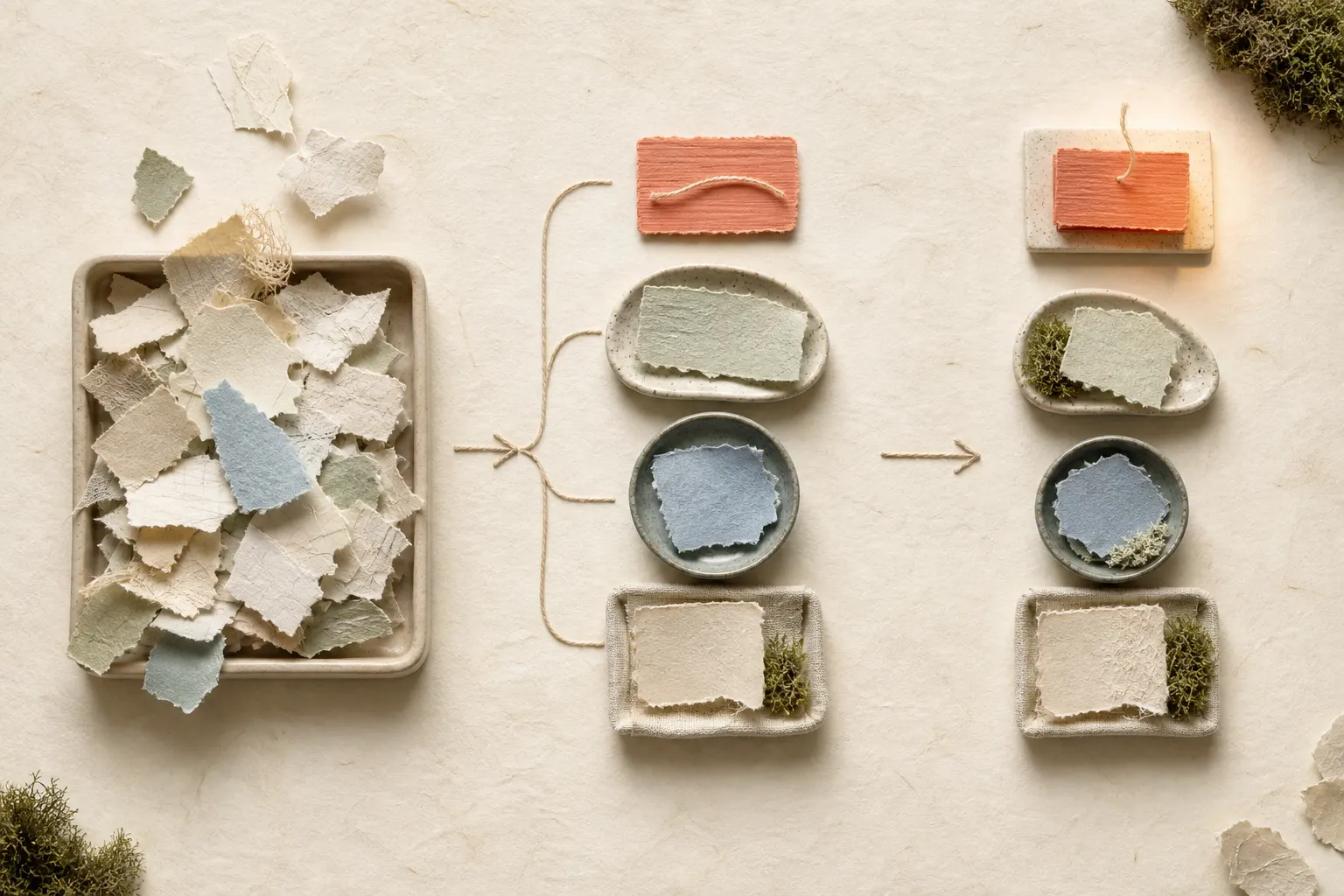 A tray of unsorted paper fragments separates into an action, reference, question, and reflection, with only the action moving forward.