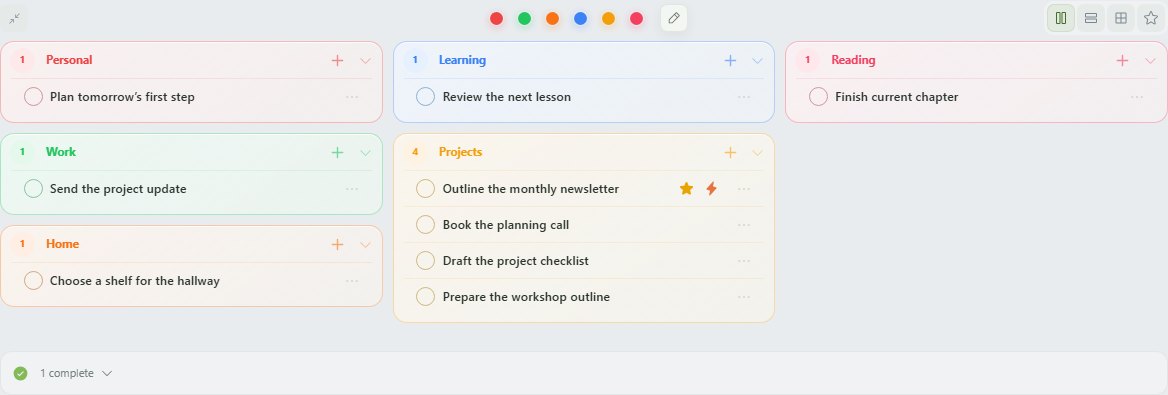 MossyMind Today board showing tasks grouped into color-coded categories, with importance and urgency controls available on each task.